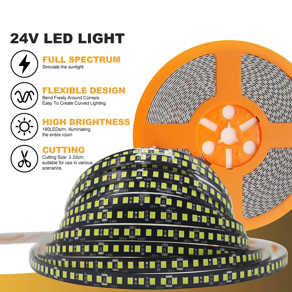 Black PCB 120 180 LEDs 2835 LED Strip Full Spectrum 24V High Bright 5m 10m 3000K 4000K 6000K RA85+ Dimmable Home Bar Lighting