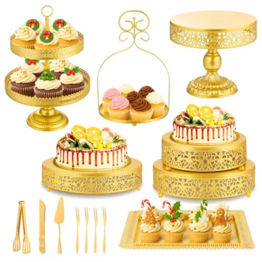 

15 Pcs Gold Cake Stand Set Metal Dessert Display Set Tiered Cupcake Holder Square Serving Trays Round Tower Tray Platter for We