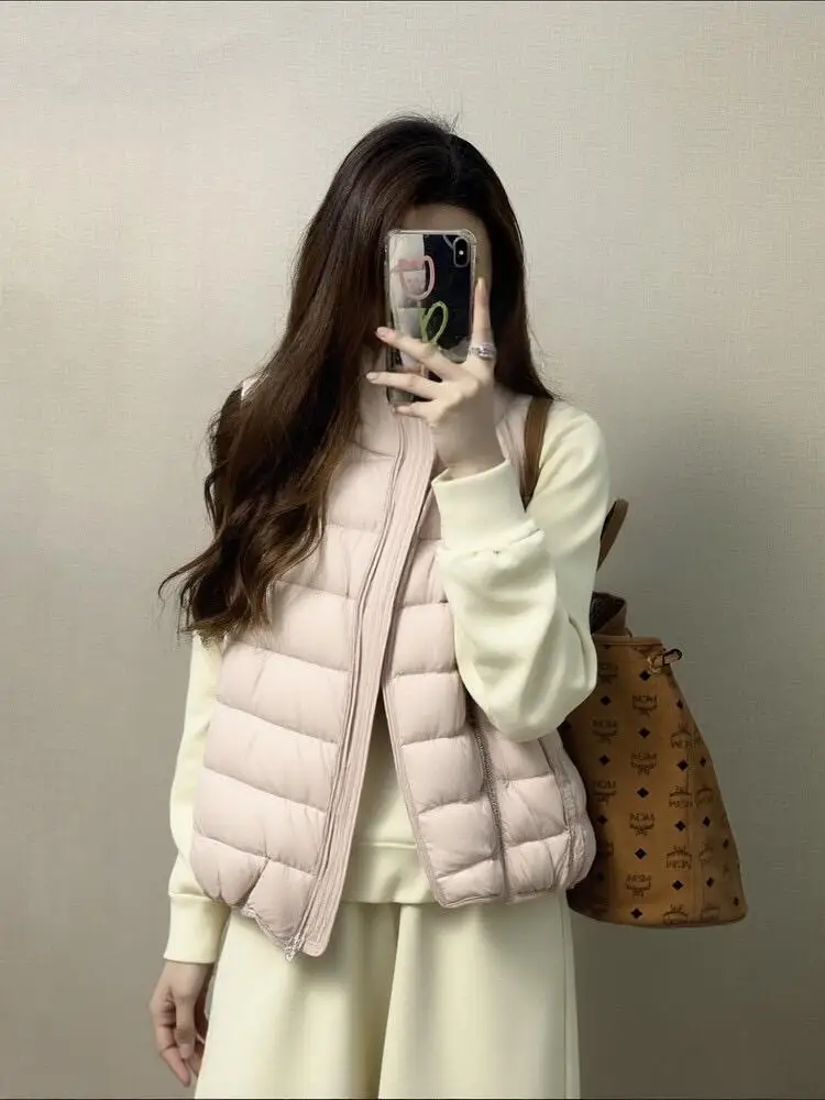 

Retro Faion Thiened Ribbed down Vest Women's Autumn Winter Stand Collar Warm Lazy Sle Lightweight Jaet Outerwear