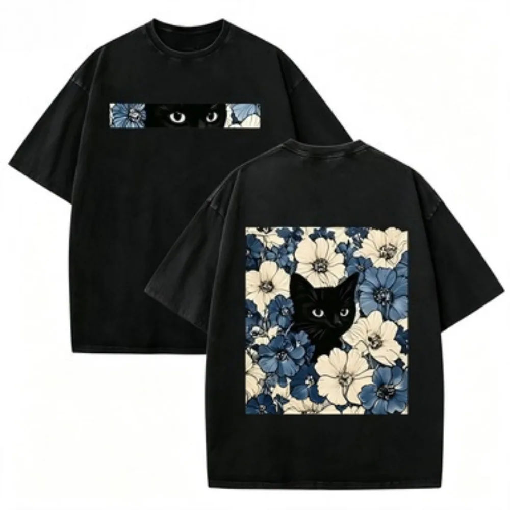 Vintage Washed Black Cat Floral T Shirt Double Sided Print Streetwear Casual Tee