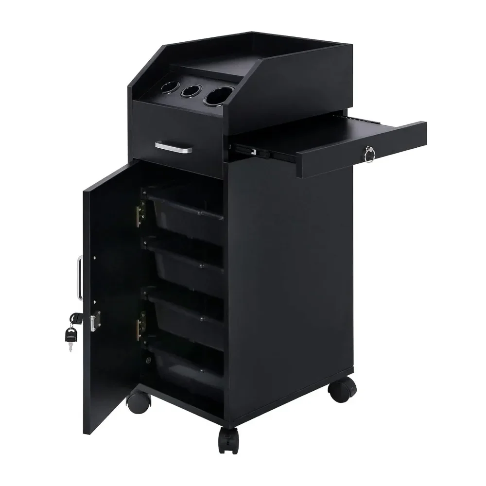 ​​Salon Storage Cart With Wheels: 3 Hair Dryer Holders & 4 Locking Drawers - Hairdressing Tool Station​