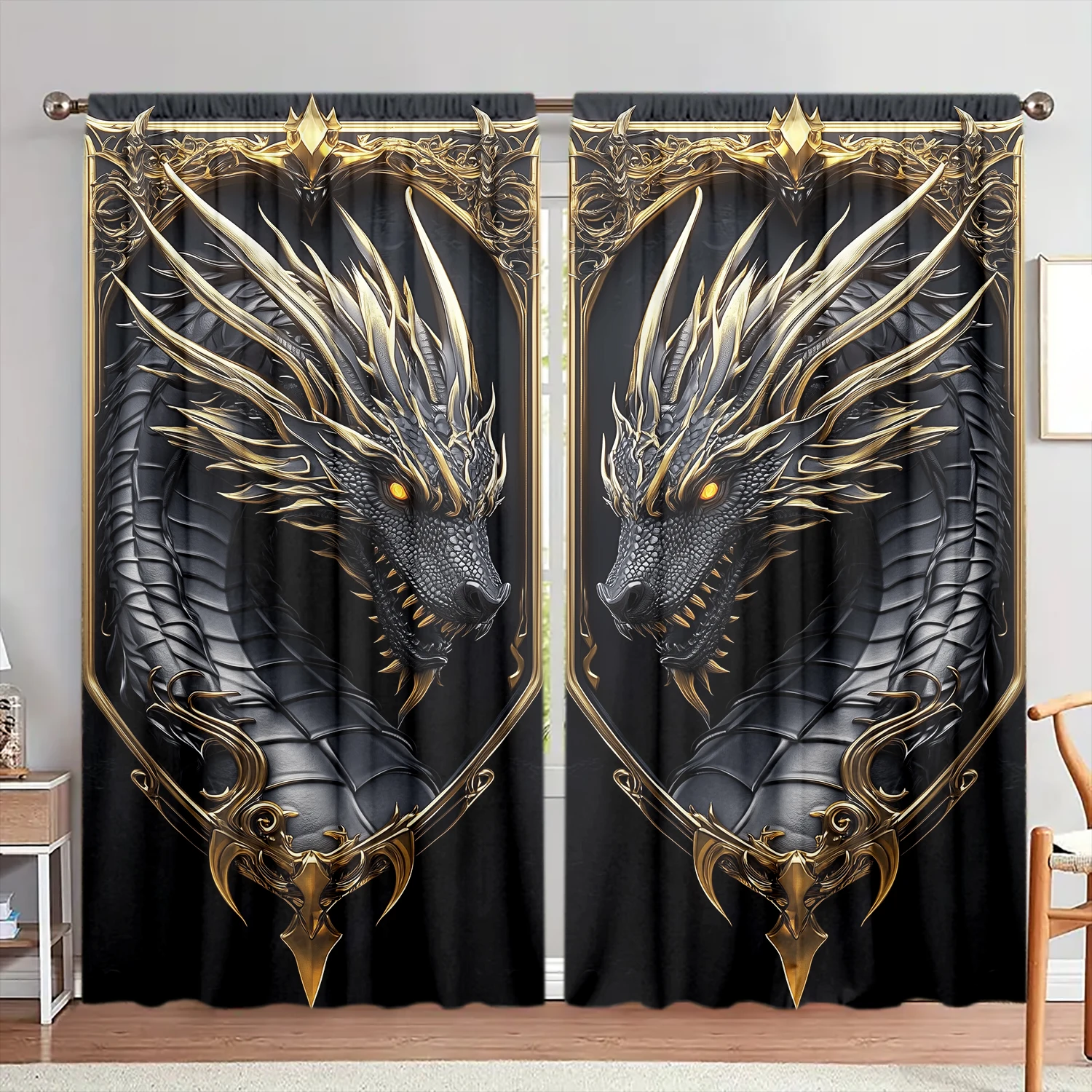 2pcs 3D Domineering Black Dragonn Printed Curtain for Home Decor - Rod Pocket Window Treatment for Bedroom, Office, Kitchen