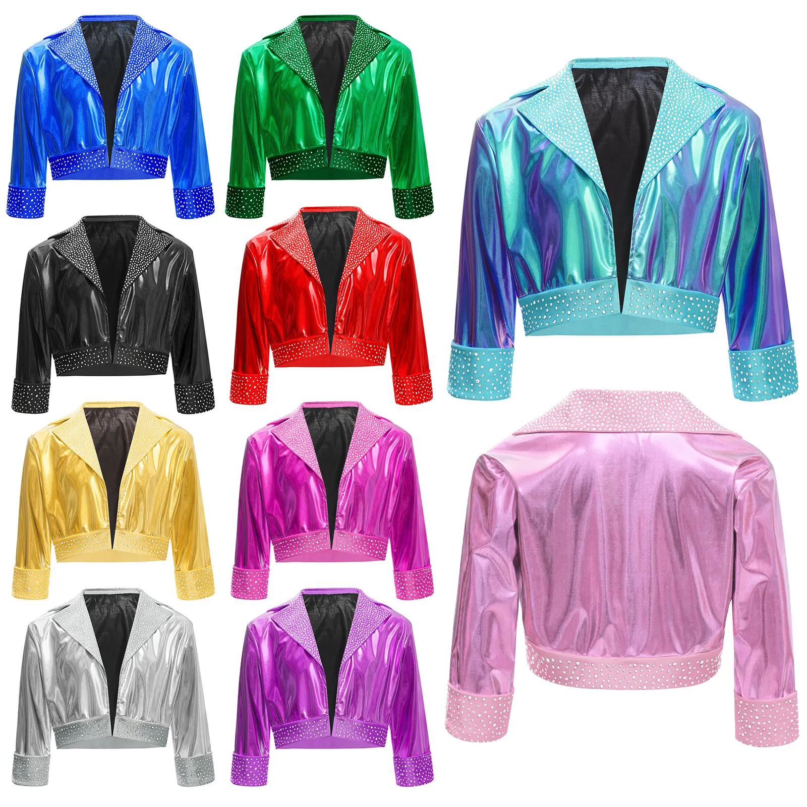 أطفال بنات الجاز الرقص ملابس خارجية معطف معدني الحديثة الهيب هوب الرقص ازياء التلبيب طوق كم طويل لامعة الراين سترة #6