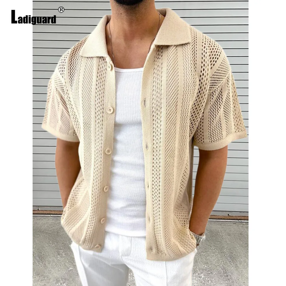 Ladiguard 2024 Summer New Knitting Blouse Solid White Transparent Shirt Camisa Mens Beach Top Cardigans Lepal Collar Knitwear