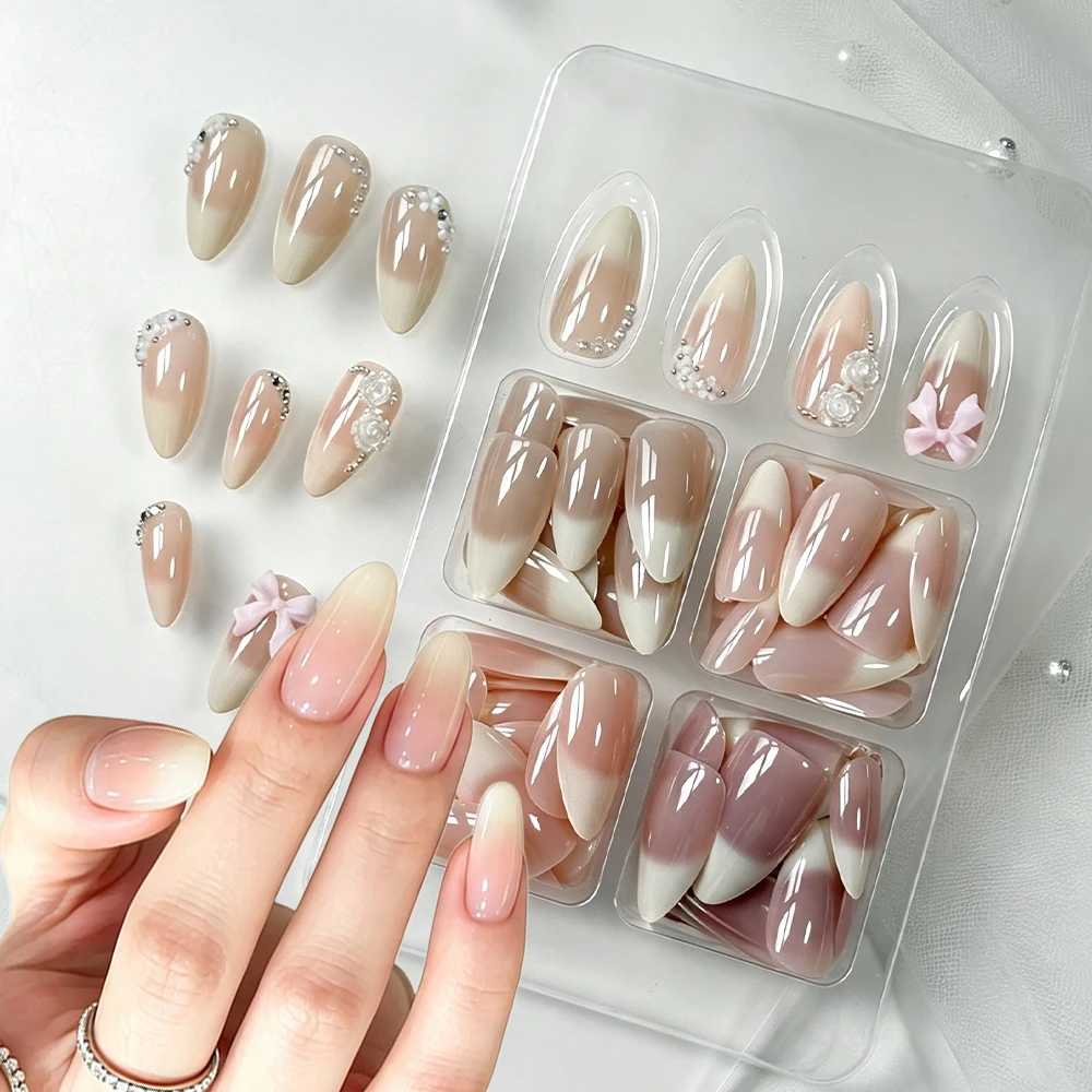 120Pcs Glossy Sweet Nude Pink Almond Fake Nails Ombre French Soft Gel Press On Nails 3D Bow Rose Flower Design False Nail Tips#8