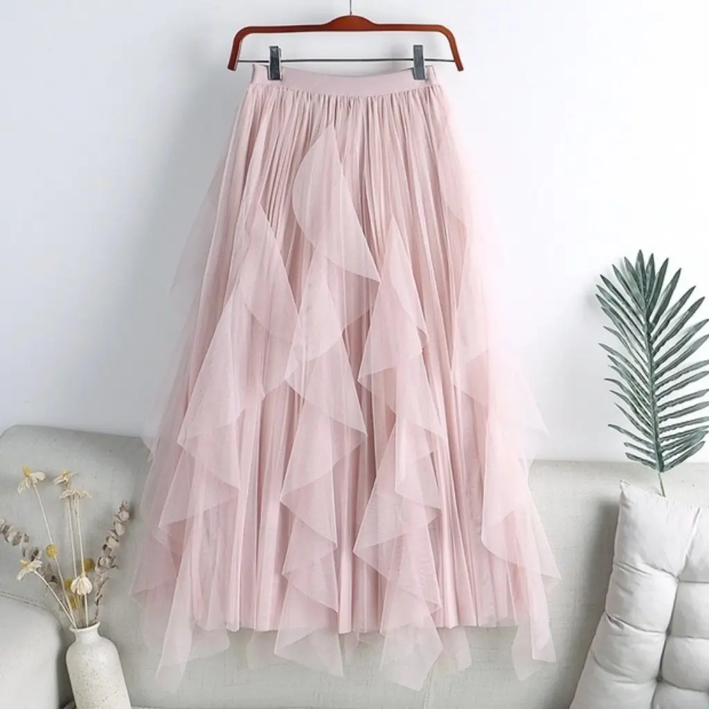 

Spring New High Waist Ruffled Stitching Mesh Skirt for Women Mid-Length Large Swing Pleated Skirt
