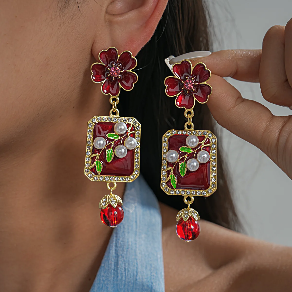 Drop oil set diamond glass pearl flower silver needle earrings sweet light luxury senior sense earrings