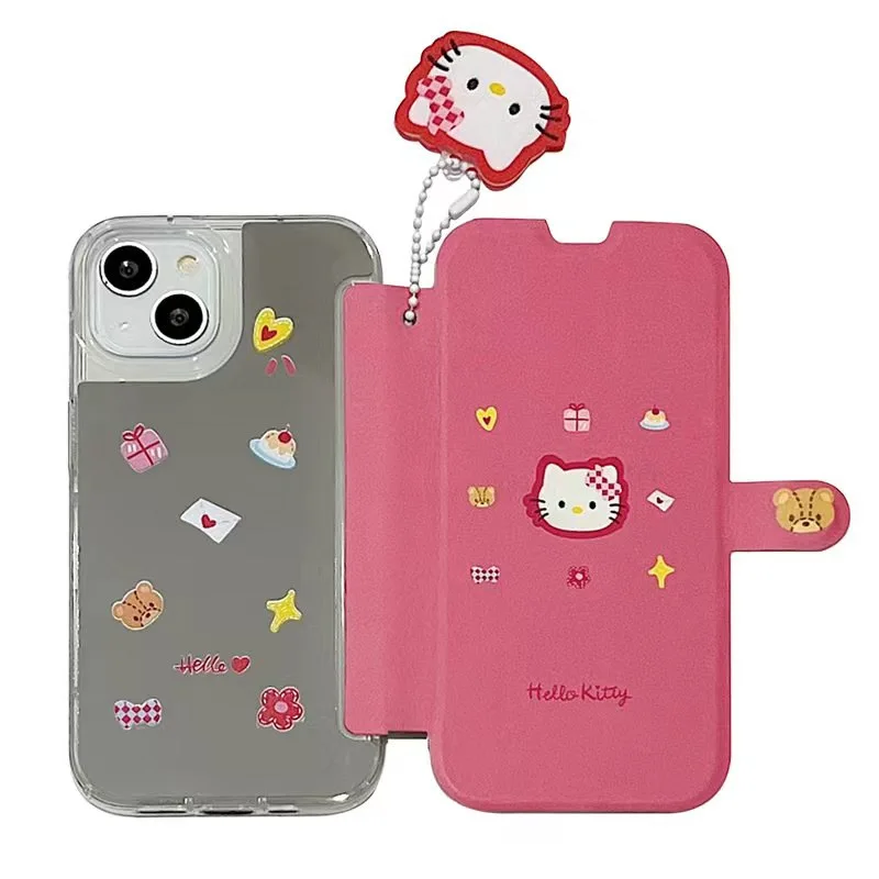 Sanrio Hello Kitty Pendant mirror pink flip Phone Case For iPhone 14 13 12 11 Pro Max Case Cute Luxury cartoon Shockproof Cover