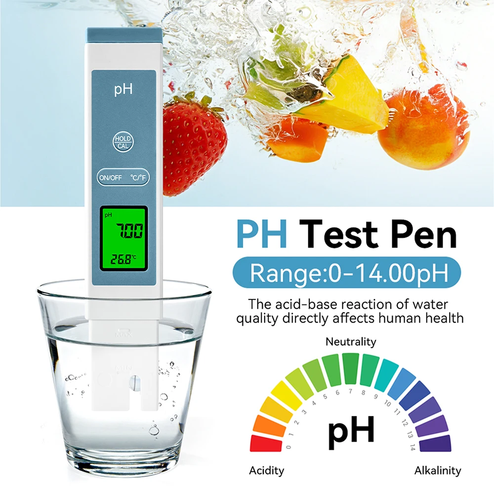 LCD Digital PH Meter Range 0–14.00 pH 0.01 High Precision Water PH Tester Pen Temp Meter Water Purity Analyzer with Backlight