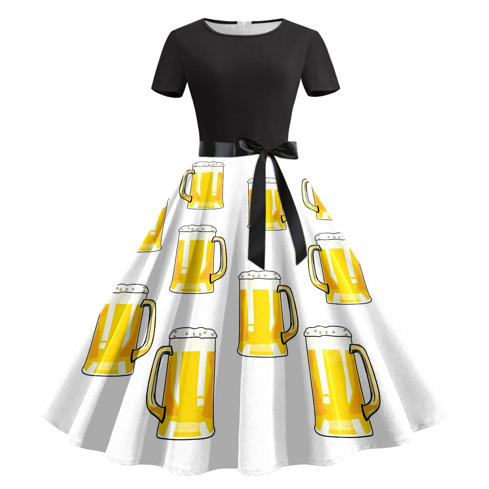 

Summer Flare Floor-Length Dress For Oktoberfest Fashion Round Neck Short Sleeve Bow Decorate Print Bodycon Dress For Oktoberfest