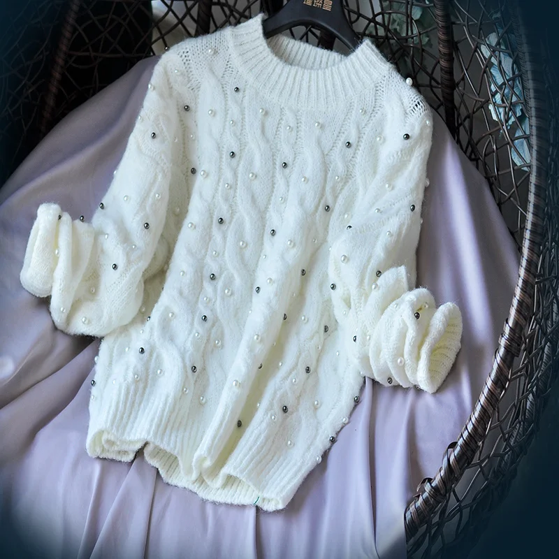 

Осенний женский вязаный свитер и пуловеры, свитер с жемчугом и бисером, черный, белый цвет