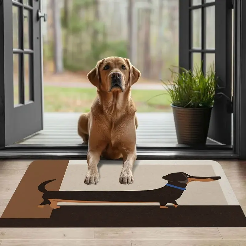 Dachshund Door Mat, Cute Dog Silhouette Entry Rug, Brown and Beige Floor Mat Non-Slip Carpet for Home Entrance Living Room Porch