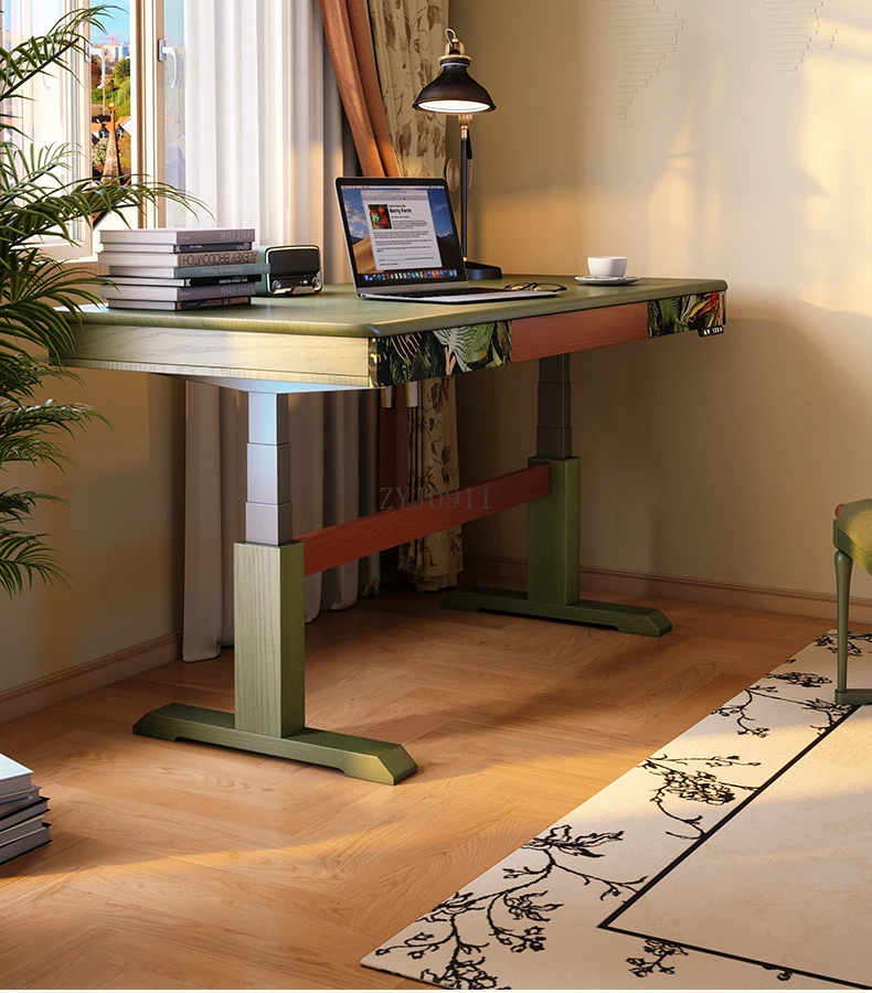 New electric lifting table French retro home solid wood workbench antique computer study table
