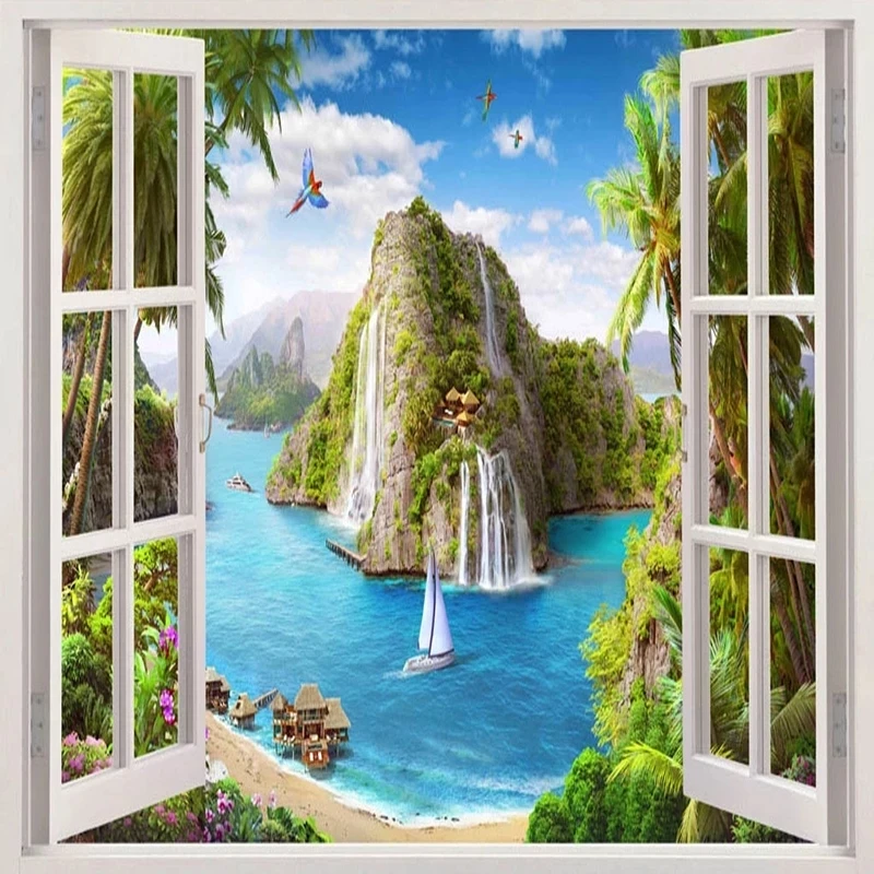 Customized Mural wallpaper 3D Waterfall Sea View Window Landscape Living room TV background wall bedroom restaurant wall fabric