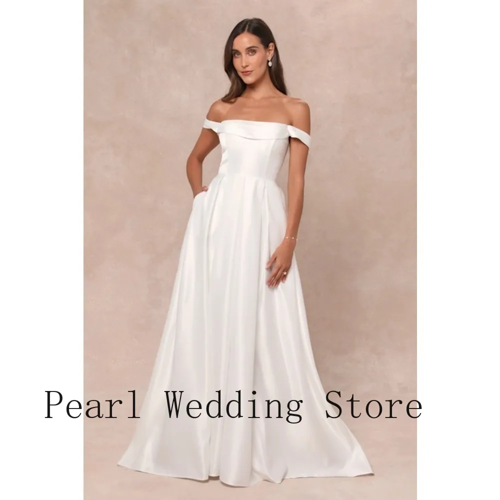 2026 New Romantic Off Shoulder White Bridal Gown | Satin A-Line Dress with Pockets for Engagement Party & Pre-Wedding Photoshoot