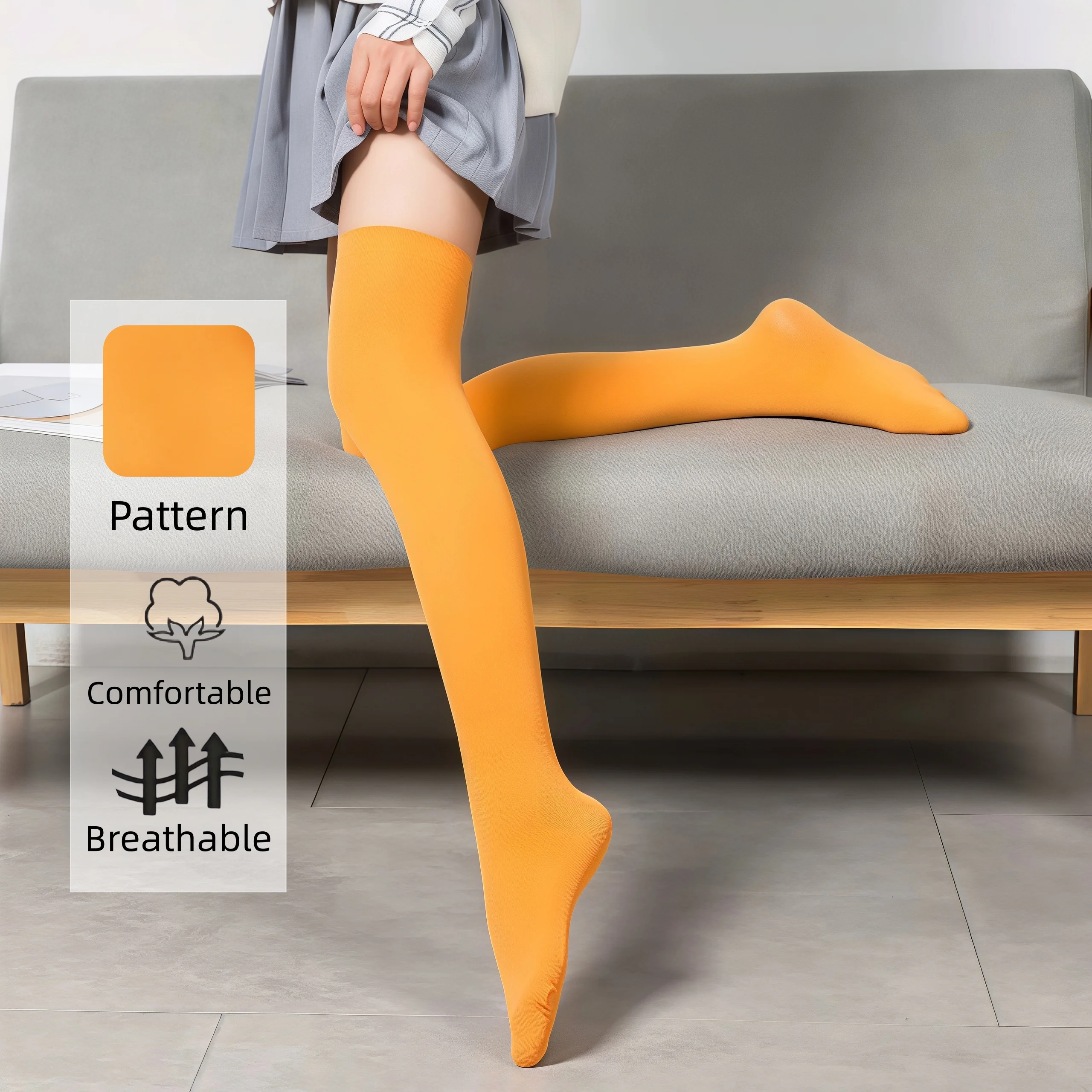 Women's solid orange thigh high stockings breathable versatile casual over the knee socks for daily outdoor wear