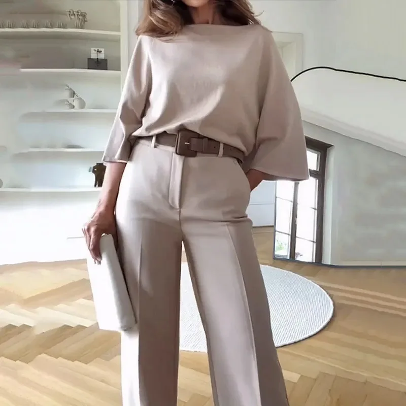 Women Set Solid Color Bat Sleeve Top and Loose High-waisted Wide Leg Pants Set Casual 2 Piece Sets Womens Outfits Party Summer