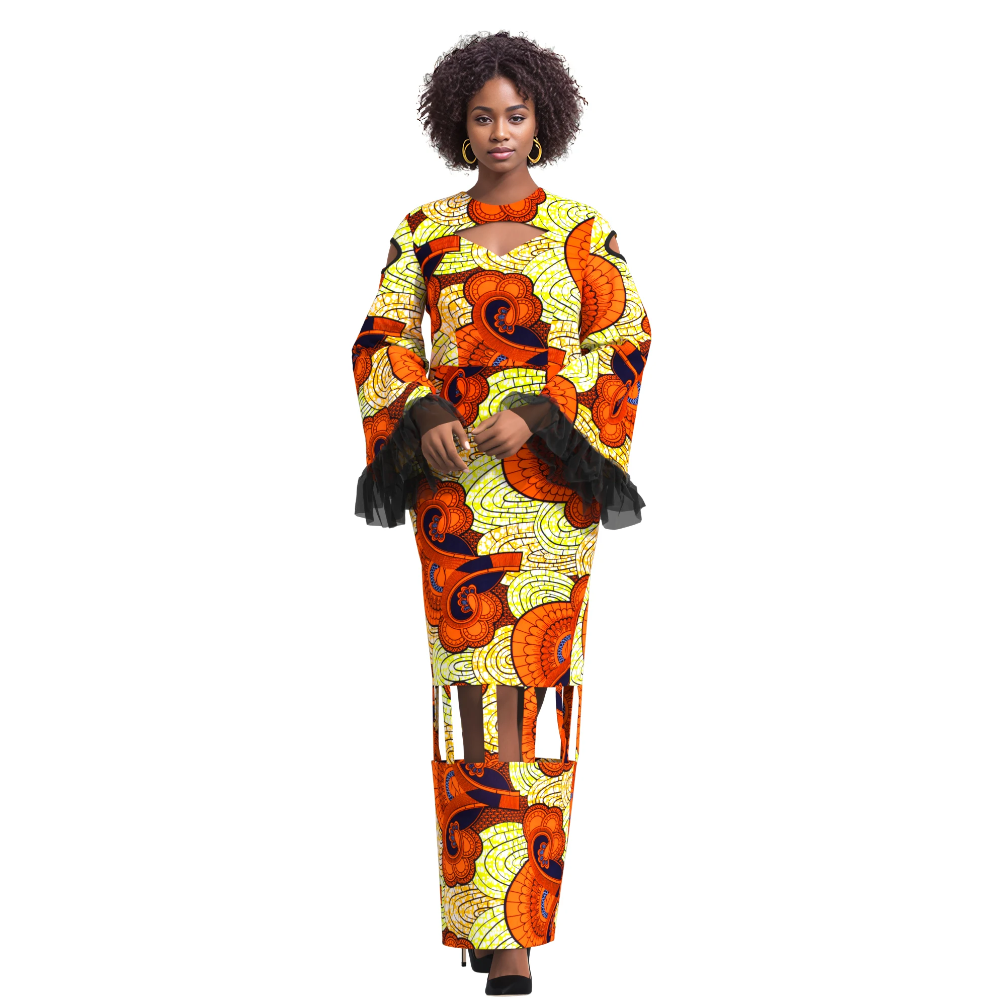 

Африканское макси-платье с принтом для женщин, с длинным рукавом, облегающее, с вырезами, этнический наряд для вечеринок и свадеб, с вырезом-клюзом на груди, хлопок, Wy11175