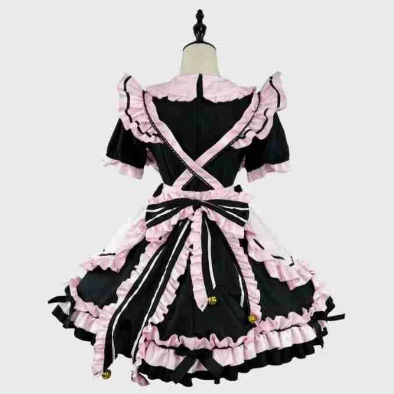 Anime Gothic Lolita JSK dress short sleeve kawaii bow maid party dresses cosplay cats girl Harajuku cute pink ruffles Black