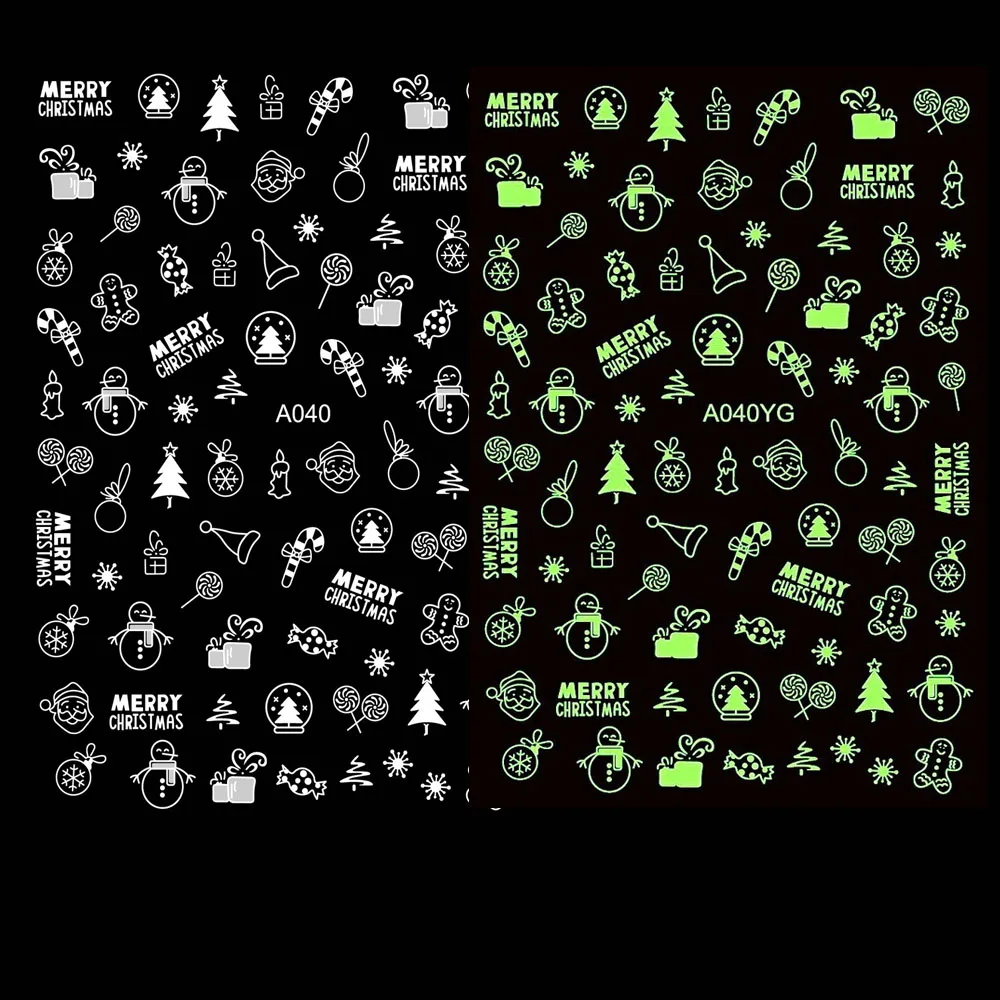 16개 발광 크리스마스 네일 스티커 9.5*7.5cm 사슴 눈송이 슬라이더 데칼 셀프 접착 네일 랩 스티커 매니큐어 슬라이더