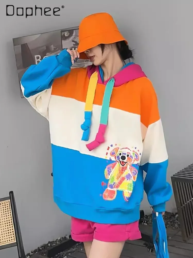 Color Contrast Patchwork Mid-Length American Oversized Hoodies Women Spring Autumn Hooded Loose Casual Sweatshirt Jacket Female
