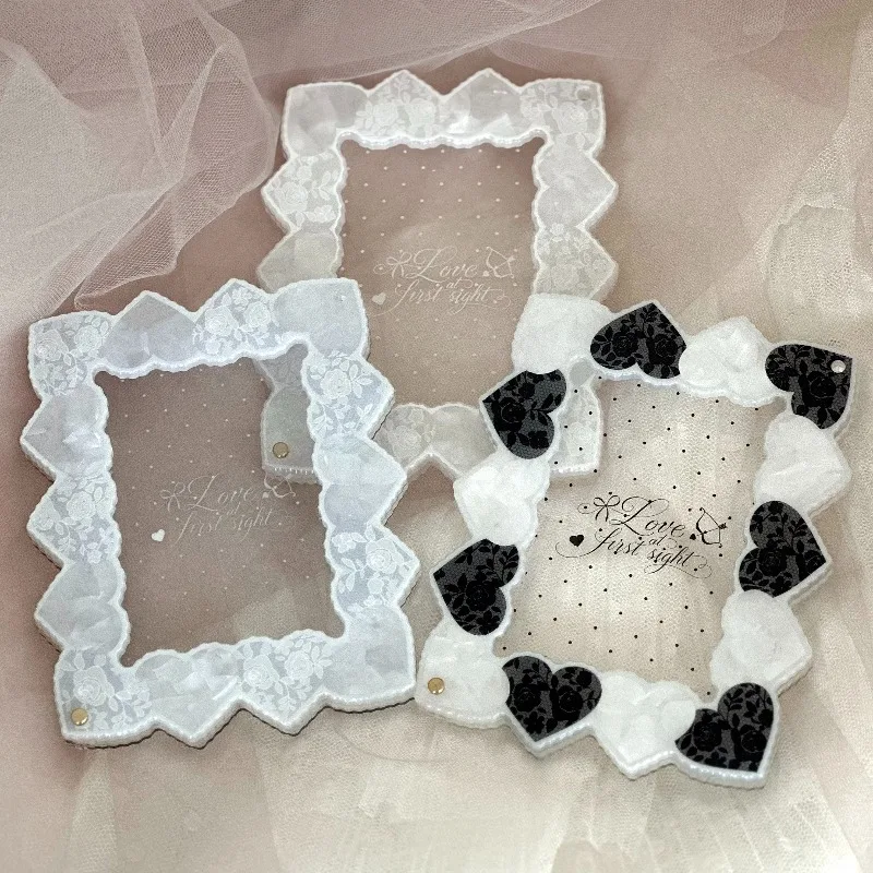 Cupid 3/3.5 Inch Acrylic Photo Frame, Lace Rose Heart Pattern Card Display Holder, for Anime Kpop Merch Decor & Shooting Prop