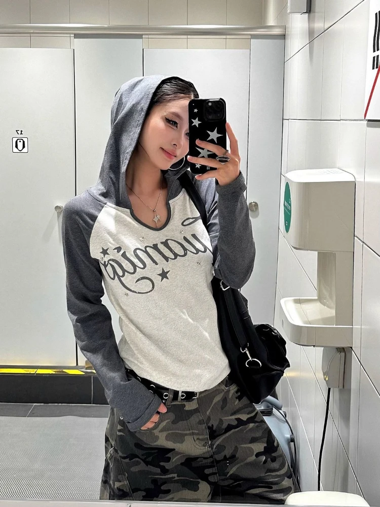 

HOUZHOU американские ретро женские футболки Harajuku Y2k футболки с капюшоном и буквенным принтом гранж 2000-х годов винтажные футболки с длинными рукавами уличная одежда