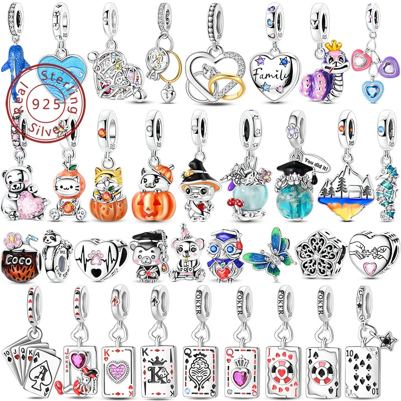 S925 Sterling Silver Pumpkin Cat Playing Card Graduation Bear Ring Seahorse 3mm Charms Beads Original Design DIY Fine Jewelry