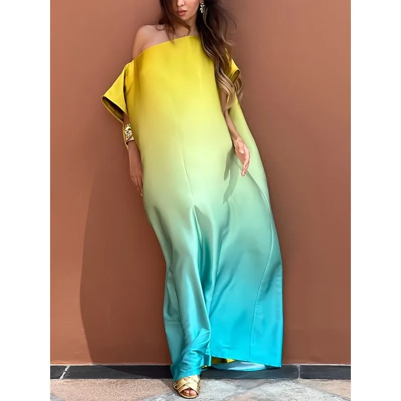 Kleid mit Farbverlauf und schräger Schulter für Damen, Frühling, Sommer, 2026, neue lockere Satin-Freizeit, Urlaub, Strand, elegante Kleider 182633
