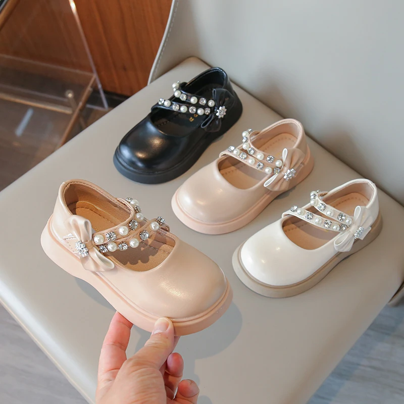 

2025 Fashion Mary Jane Pearl Flower Bow High Quality Velcro Design Sweet Toddler Casual Kids Shoes for Girls