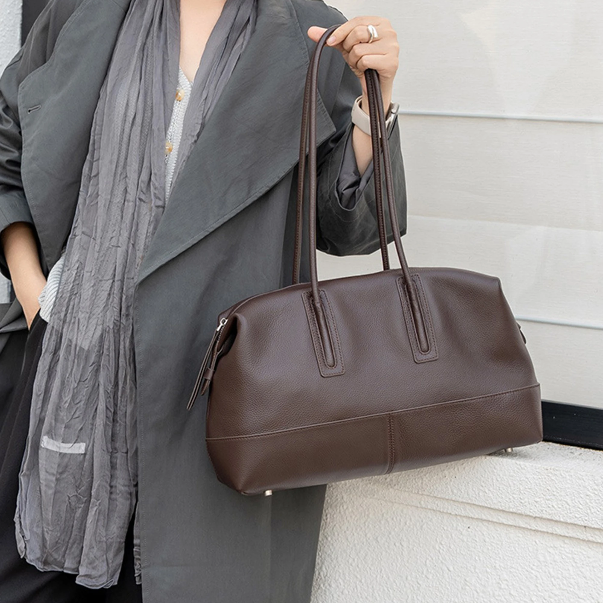 CKKUI Vintage Women's Bowling Bag Luxury Designer Genuine Leather Cowhide Suede Shoulder Bag Ladies Commuter Versatile Handbags