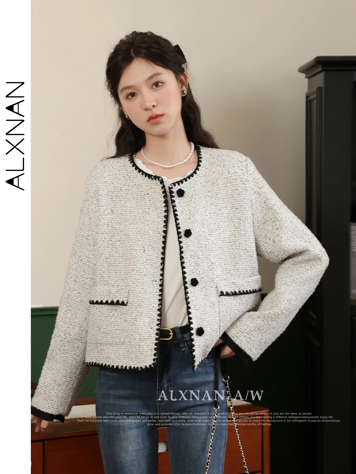 

ALXNAN Round Collar Cropped Tweed Jackets 2024 Straight Single Breasted Long Sleeve Coat Autumn Winter Overcoat Female LXN32131