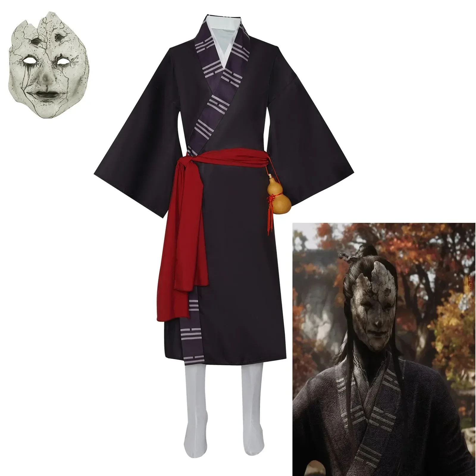 

Black Myth Wukong Mi Taoist Game Cosplay Costume Mask Face Cover Mi Dao Ren Midaoren Uniform Robe Headress Props Socks Halloween