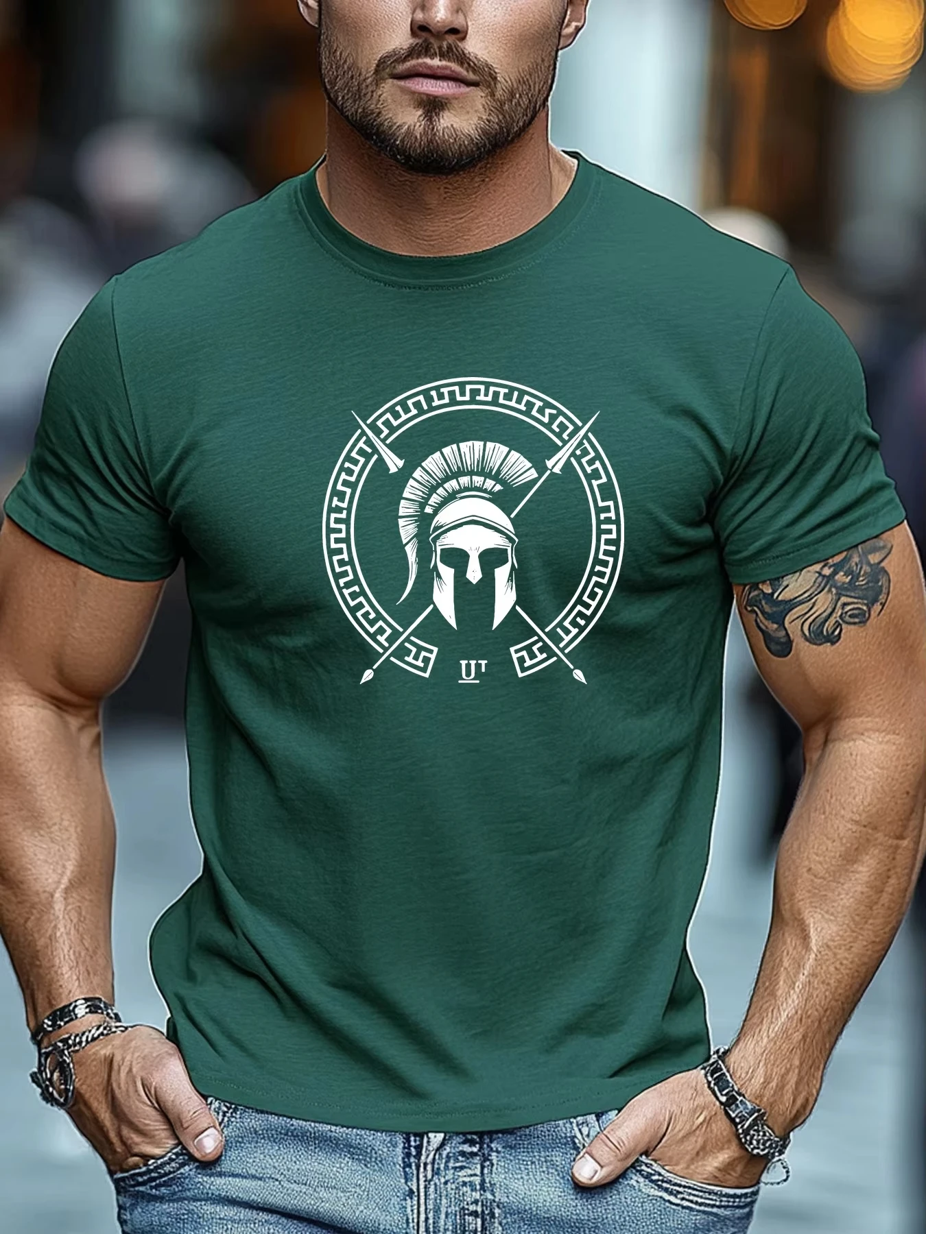 Summer 100% Pure Cotton Men's Casual Loose Spartan Helmet Pattern Printed Breathable Sports Short Sleeved Round Neck T-Shirt Top
