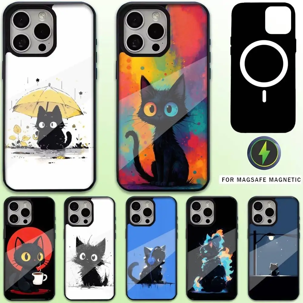 

Artistic Black Cat Phone Case For iPhone17,16,15,14,13,12,11 Plus,Pro Max Magnetic Magsafe Wireless Charging