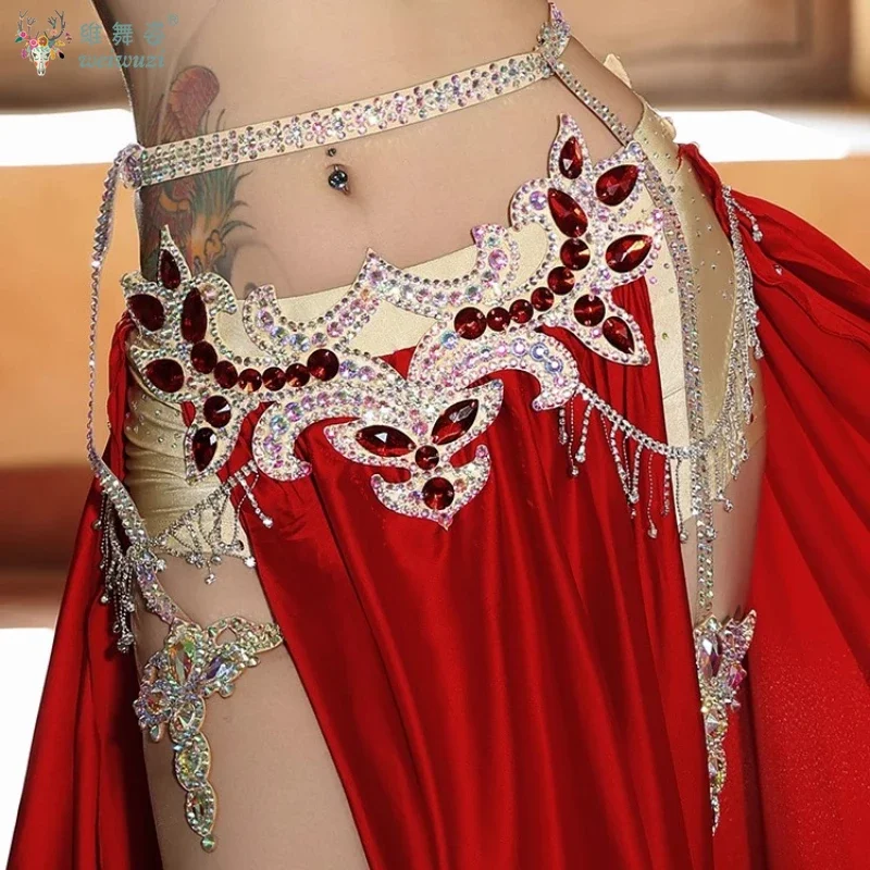 Accesorios de actuación de danza del vientre para mujer, cinturón de cadena con piedras AB para personas mayores, lazo de pierna de competición de lujo para niña, superbrillante