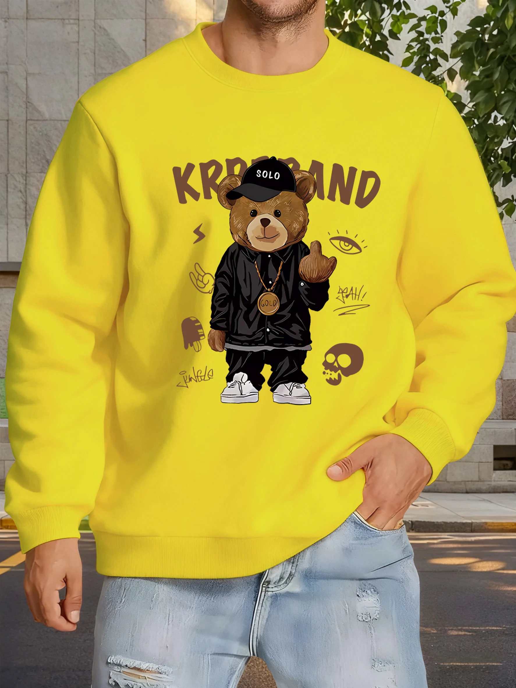 

Пуловеры в стиле хип-хоп с рисунком медведя, мужские универсальные флисовые толстовки, хипстерская осенняя одежда, свободная уличная одежда для бега