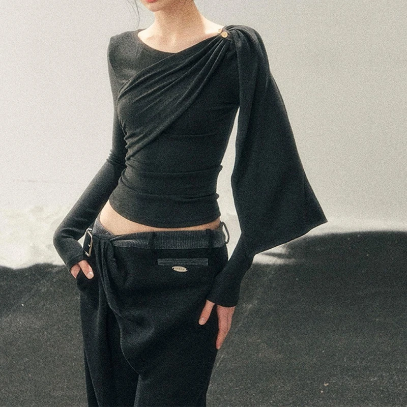 Simple asymmetrical streamer long-sleeved T-shirt female slim-fit pleated and thin temperament inner bottoming shirt