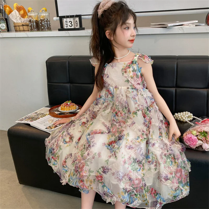 

Girls summer dress 2024 new CuHK children Korean version 6-12 years old 15 year old little girl foreign style floral dress tide