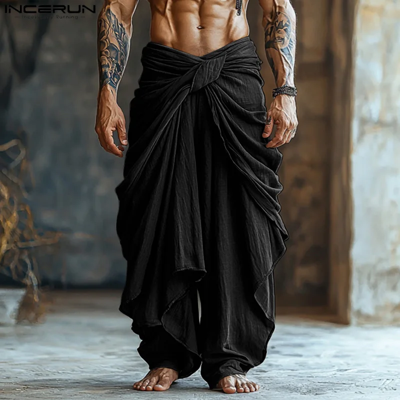 

Men Pants Solid Color Joggers Oversize Lace Up Pleated Irregular Trousers Men Streetwear 2025 Elastic Waist Long Pants INCERUN