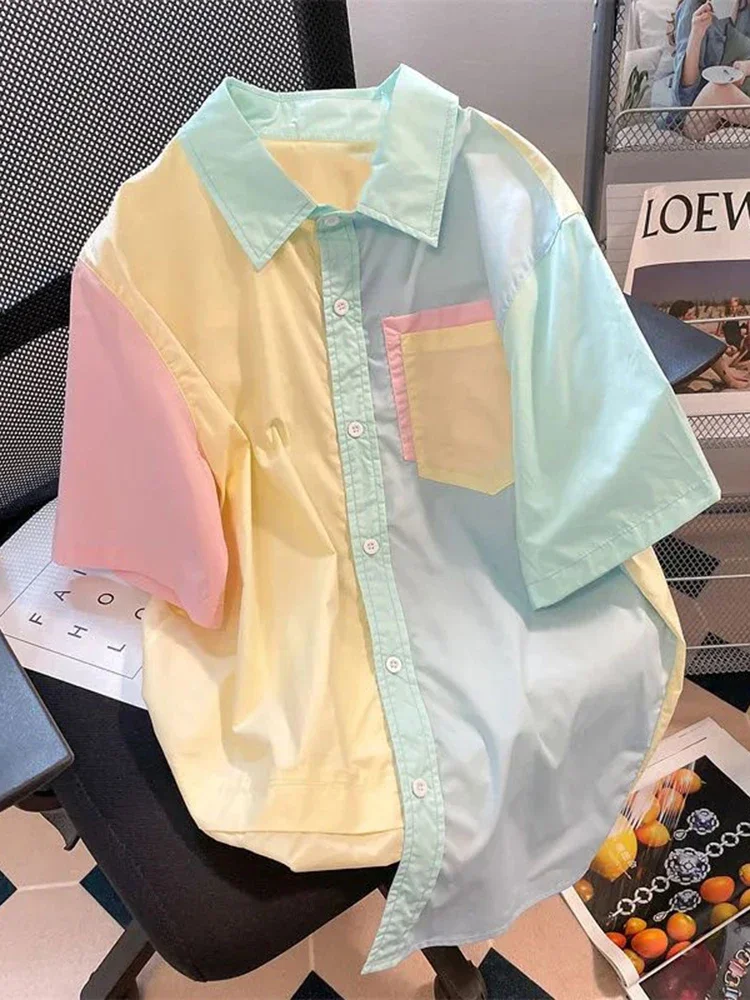 Casual color blocked patchwork short sleeved shirt for women, loose fit Korean college style workwear, half sleeved top