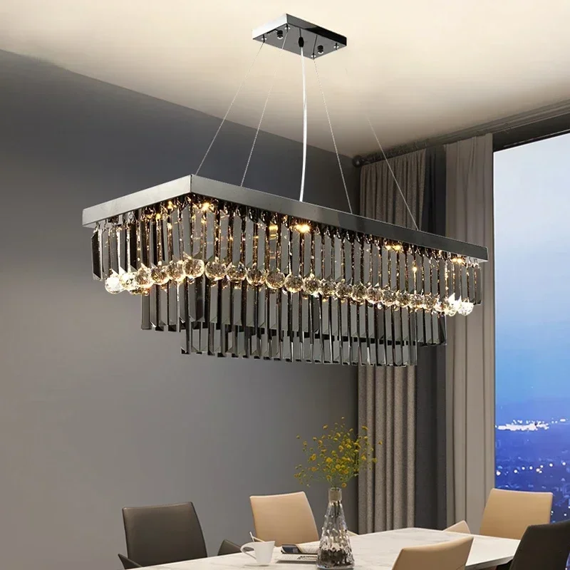 

Modern Black Crystal LED Chandelier Luxury Rectangle Kitchen Island Suspension Lamp for Dining Room Home Decor