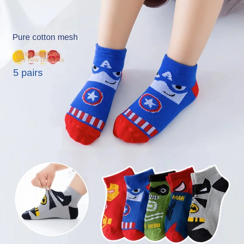 5 Pairs of Spring and Summer Thin European and American Fashion Cartoon Mesh Breathable Comfortable Sports Boys Cotton Socks