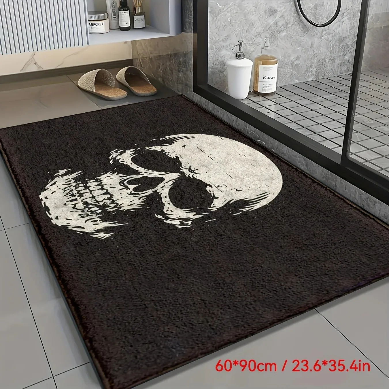 VIKAMA Vintage Distressed Skull Bath Mat Gothic Horror Flannel Non Slip Water Absorbent Shower Entrance Floor Rug Decor