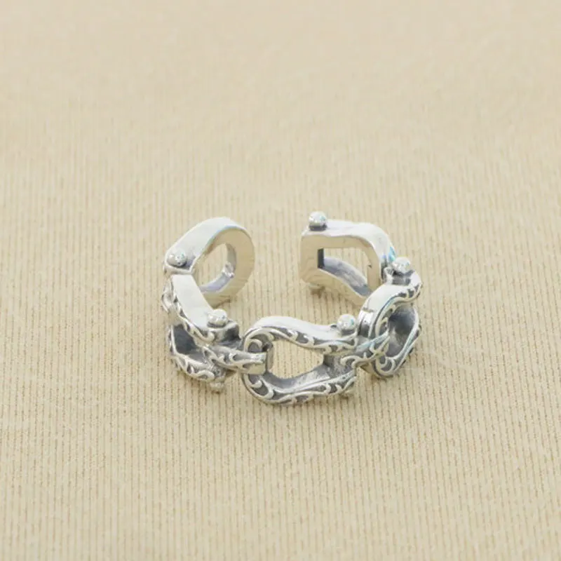 

S925 Sterling Silver Fashion Lucky Horseshoe Shaped Ring Opening Retro Men's and Women's Trendy Jewelry Index Finger Ring Style