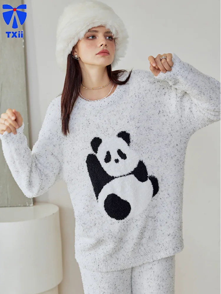 TXii Newlook New Cute Panda Printed fleece-lined Thickened Colored Yarn Pajamas Women's Winter Home Clothes suit