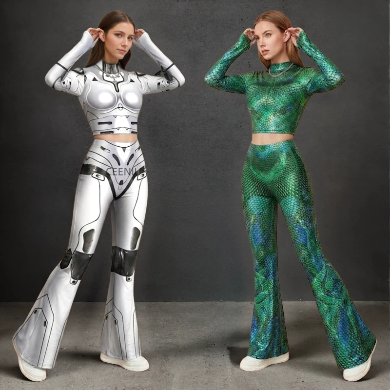 

Futuristic Robot Women Long Sleeve Crop Top Flare Pants Snakeskin Print Punk Armor Festival Rave Cosplay Costume 2-Piece Set