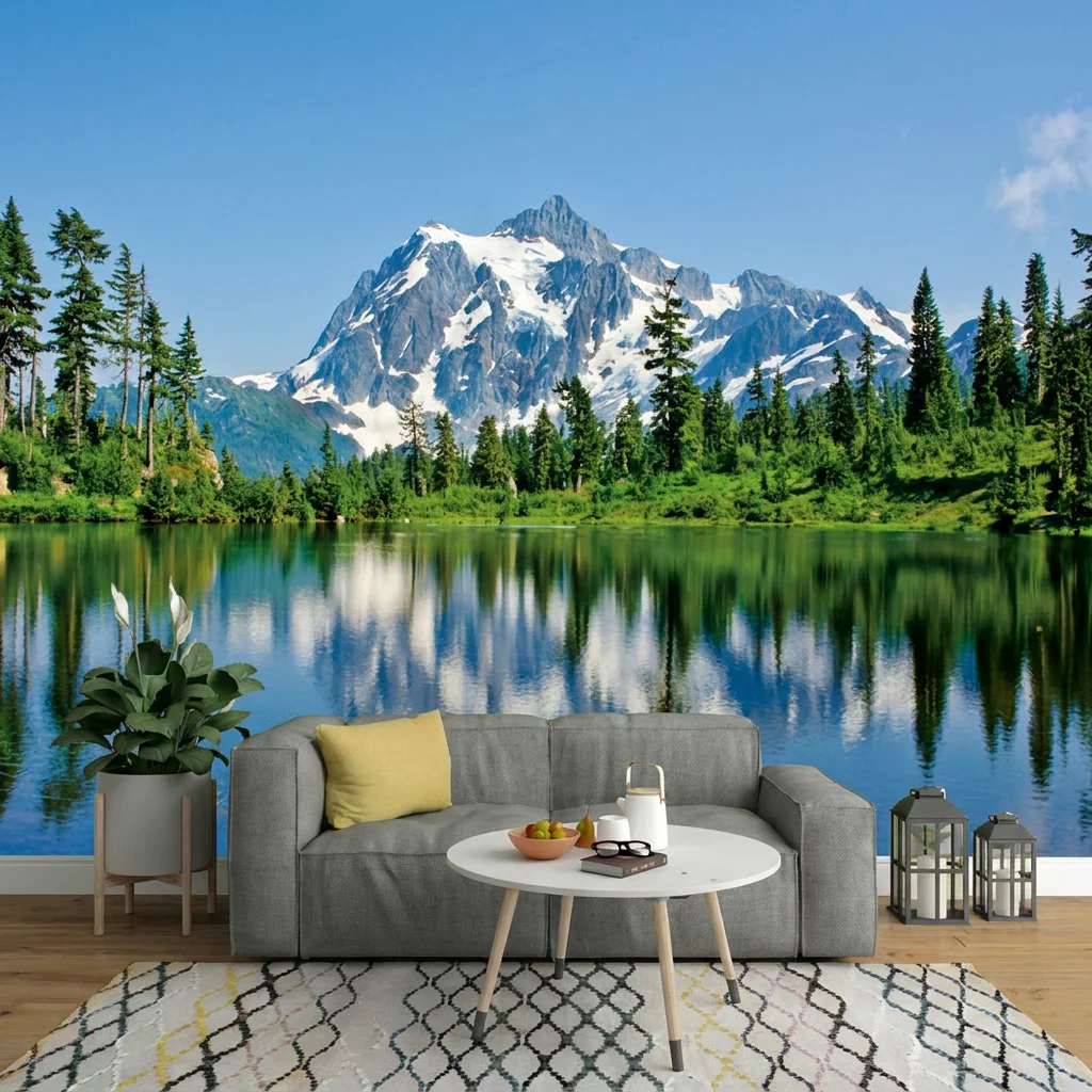 Rolling snow-capped peaks, snowy mountain lake, background wall for living room, study, and bedroom, self-adhesive material.