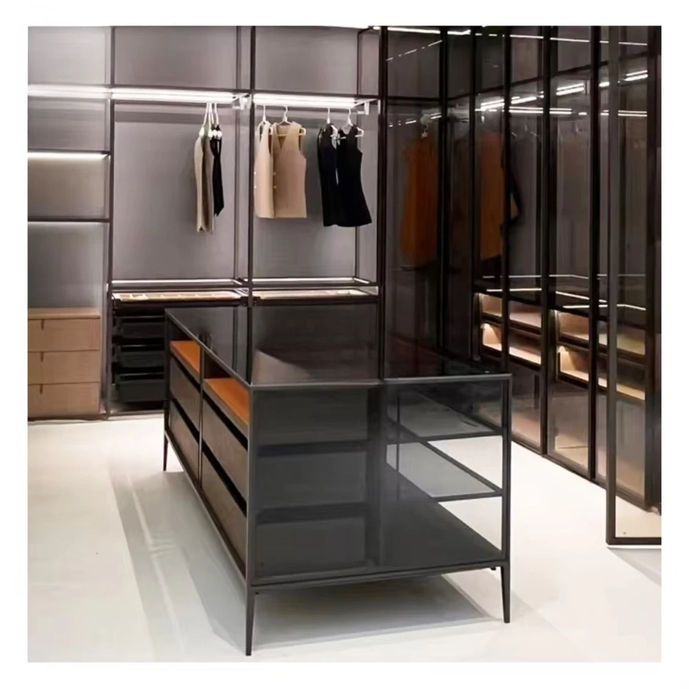 Modern multifunctional walking wardrobe storage cabinet aluminum glass display with metal frame bedroom wardrobe glass door