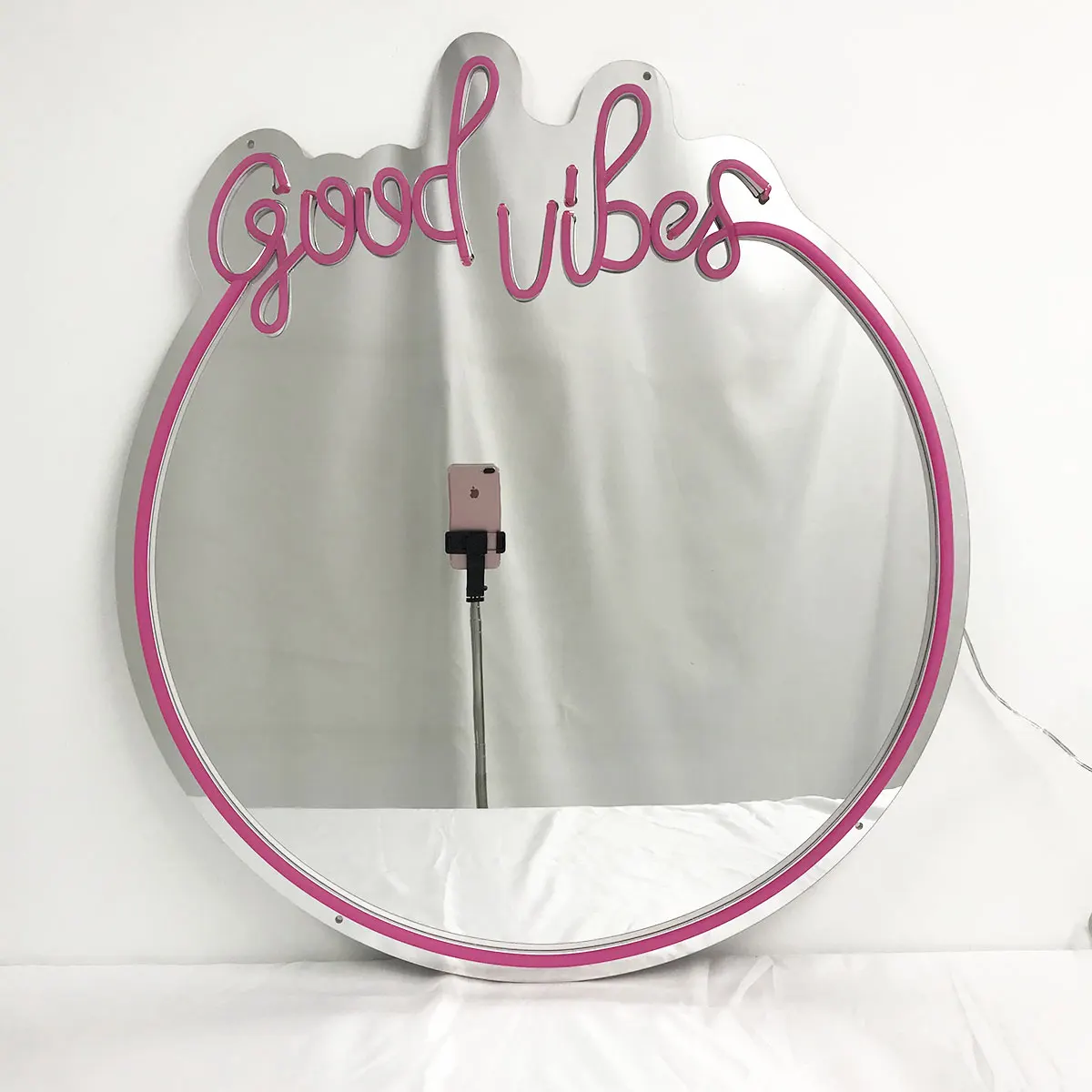 Imagem -03 - Espelho de Maquiagem Led Neon para Meninas Boas Vibrações Luz Rosa Decoração do Quarto Personalizado Lâmpada Atmosférica Noturna Espelho Cosmético Dropshipping